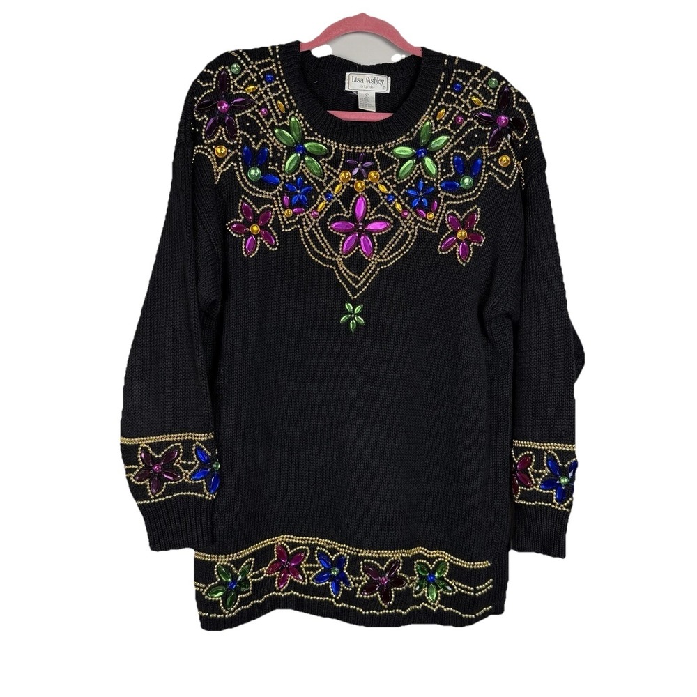 Lisa Ashley Women's Vintage Pullover Sweater Sequins & faceted Jewel colorful (L